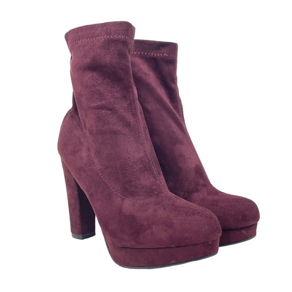 Catherine Malandrino Boots Womens 7‎ Burgundy Red Wine Velour Platform Bootie - Picture 1 of 15